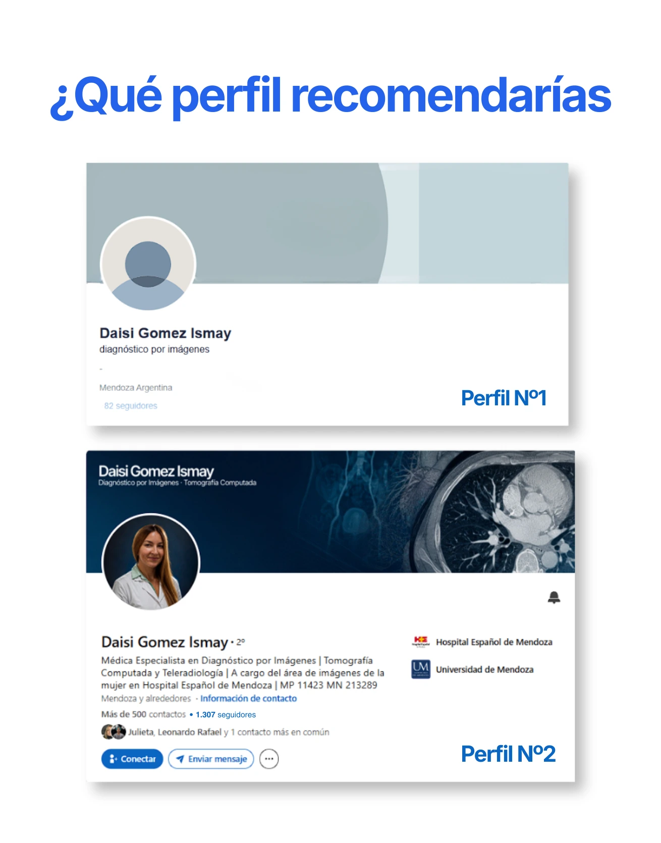 Dos perfiles de LinkedIn de la misma profesional. El número 1 está casi vacío. El número 2 está completo, con foto, titular y trayectoria.