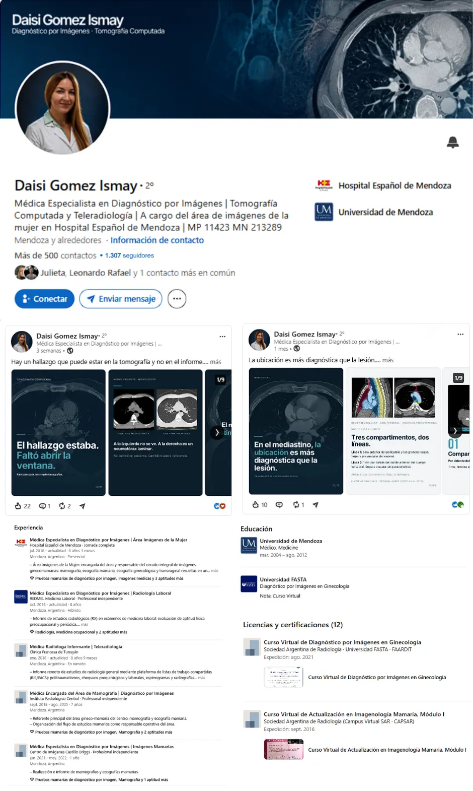 El perfil de LinkedIn de la Dra. Daisi Gomez Ismay después del trabajo: titular, publicaciones, experiencia y formación.